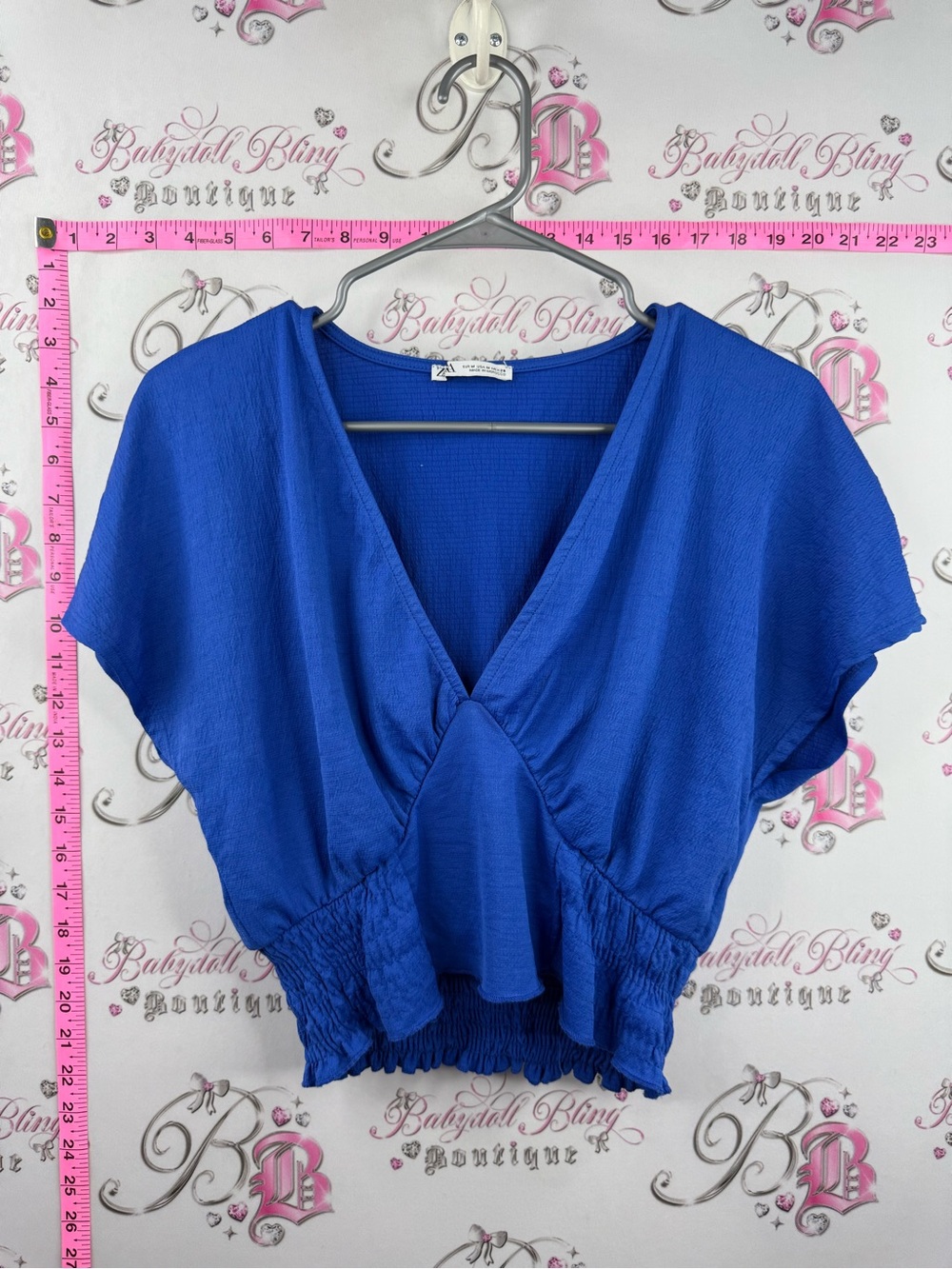 Zara tshirt flowy Royal Blue V-Neck Cropped Blouse with Smocked Hem